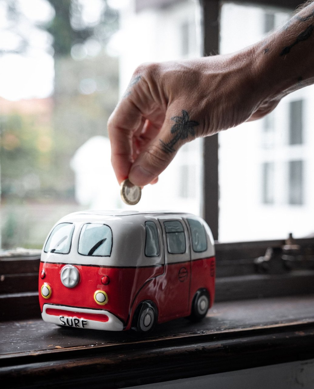 surf van piggy bank - red